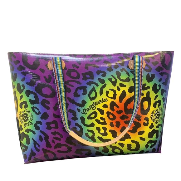 NWOT Consuela Fiesta Leopard Print & Black Tote Bag With Rainbow Straps L - Picture 1 of 6